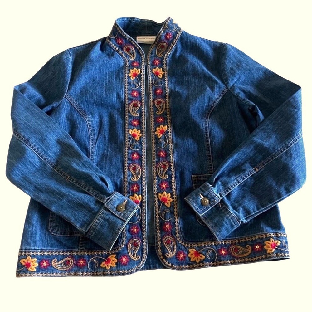 Alfred Dunner Petite Denim Jacket‎ Blue Embroidered Floral Paisley Open Front 6P